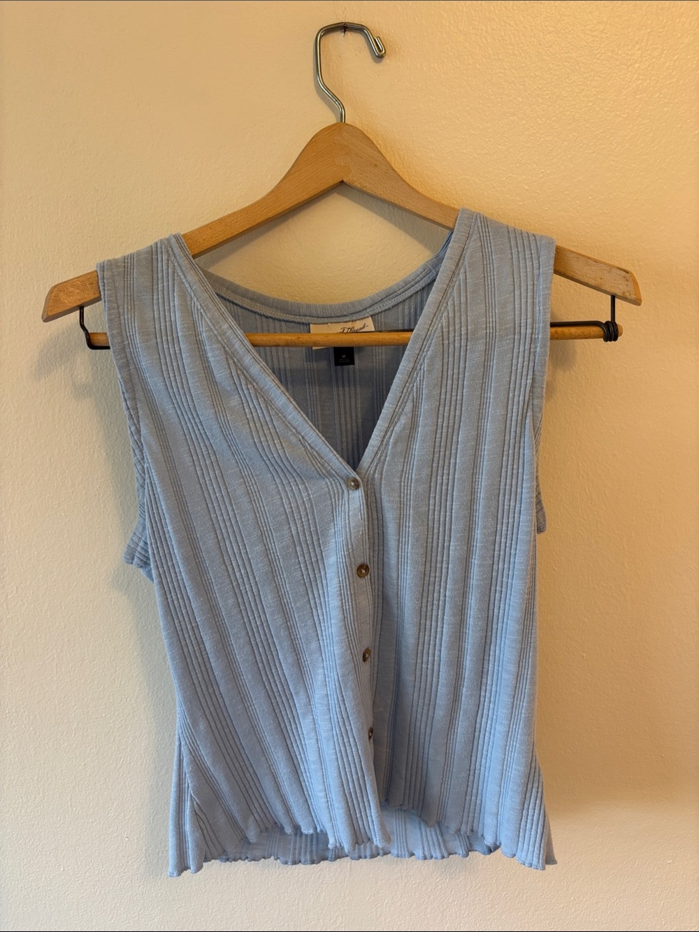 Thin stretchy Blue Ribbed Button-Front tank top